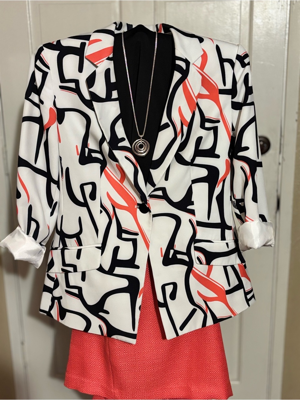 Graphic Print Blazer & Pants in White, Black & Coral